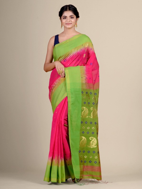 

Charukriti Pink & Green Woven Design soft Cotton handwoven saree