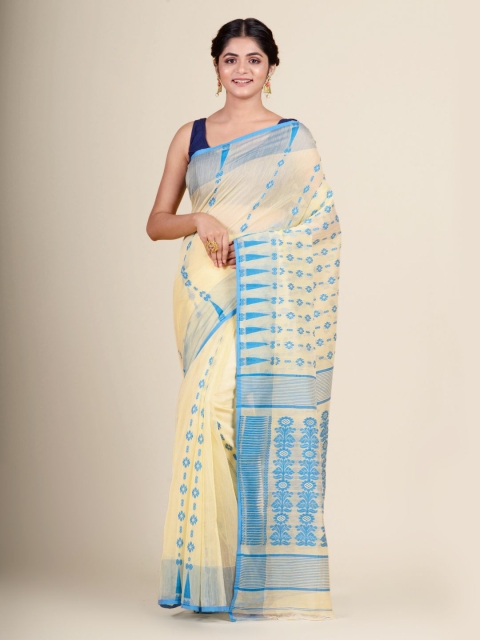 

Charukriti Cream-Coloured & Blue Woven Design Silk Cotton Jamdani Saree