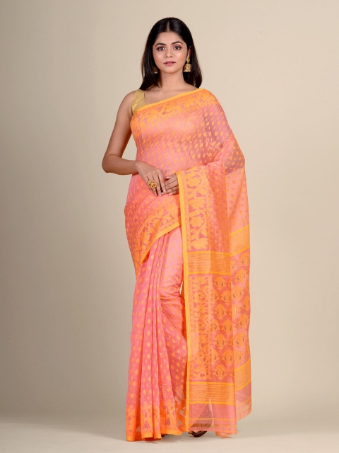 

Charukriti Pink & Yellow Woven Design Silk Cotton Jamdani Saree