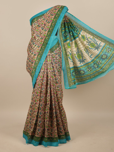 

Pothys Cream-Coloured & Blue Kalamkari Printed Saree