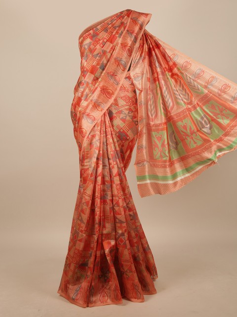

Pothys Peach-Coloured & Green Geometric Printed Saree
