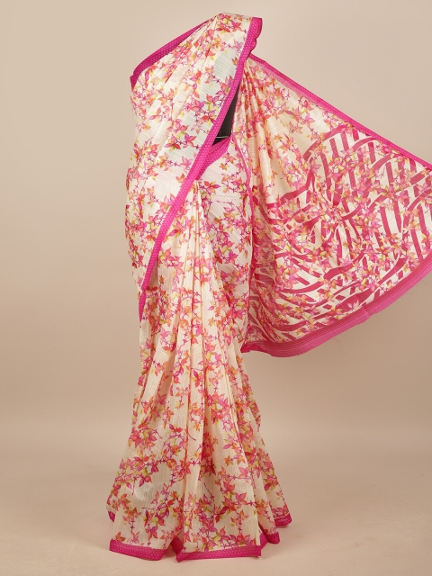 

Pothys Cream-Coloured & Magenta Floral Printed Saree