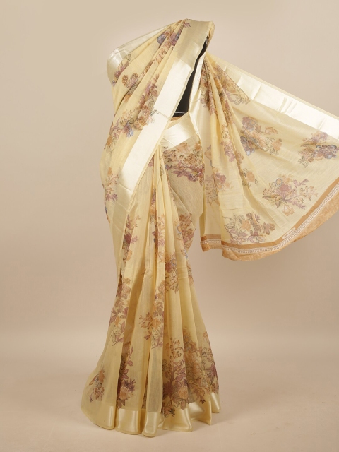 

Pothys Cream-Coloured & Purple Floral Saree