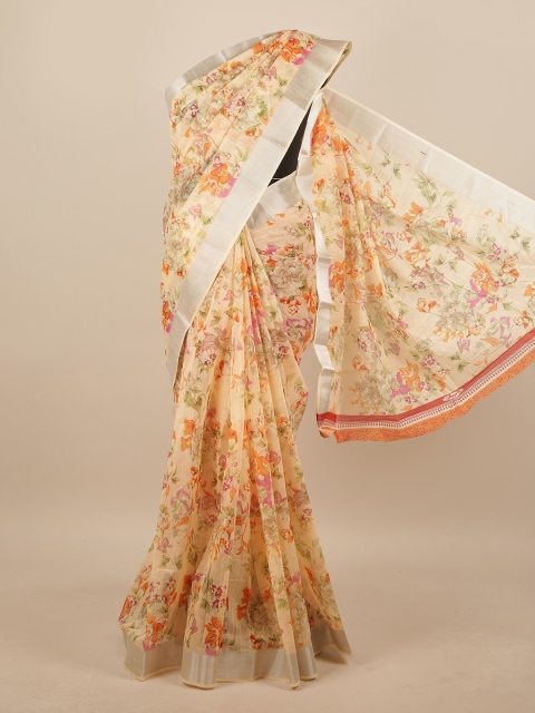 

Pothys Peach-Coloured & Pink Floral Printed Zari Saree