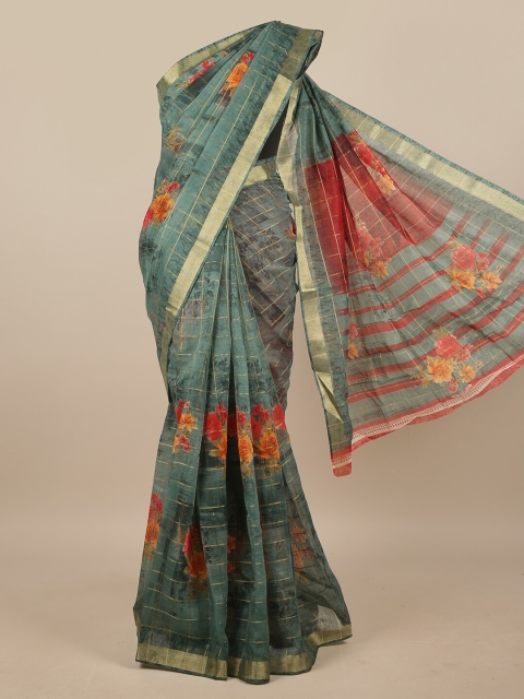 

Pothys Green & Orange Floral Printed Zari Saree