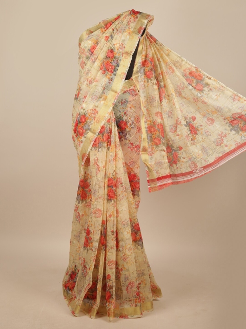 

Pothys Cream-Coloured & Red Floral Saree
