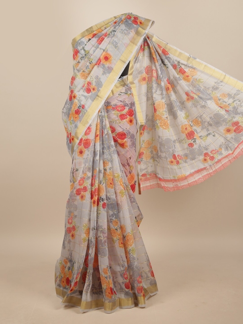 

Pothys Grey & Multicoloured Floral Printed Zari Border Saree