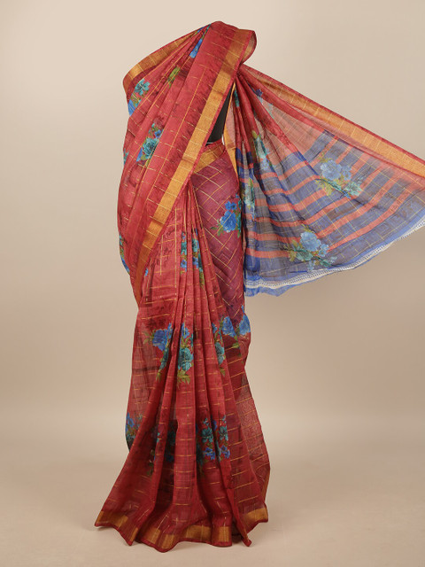 

Pothys Maroon & Blue Cotton Blend Floral Printed Saree