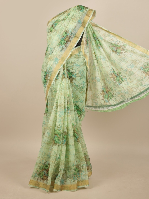 

Pothys Green & Gold-Toned Cotton Blend Floral Printed Saree