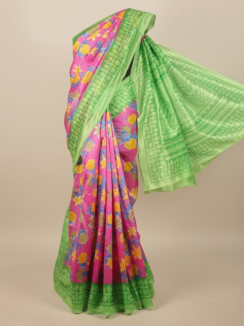 

Pothys Pink & Green Cotton Blend Floral Printed Saree