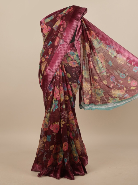

Pothys Purple & Blue Cotton Blend Floral Printed Saree