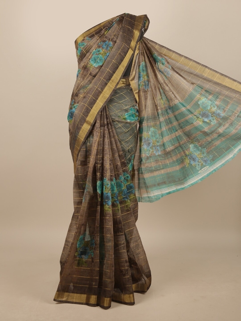 

Pothys Brown & Blue Cotton Blend Floral Printed Saree