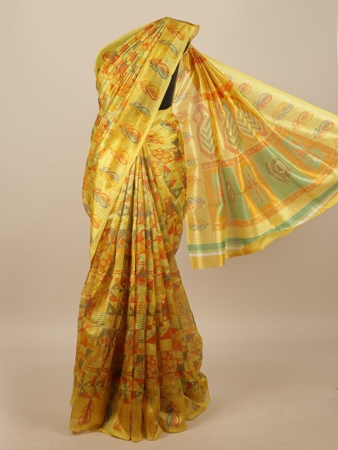 

Pothys Yellow & Orange Cotton Blend Ethnic Motifs Printed Saree