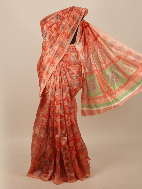 

Pothys Peach-Coloured & Red Cotton Blend Geometric Printed Saree