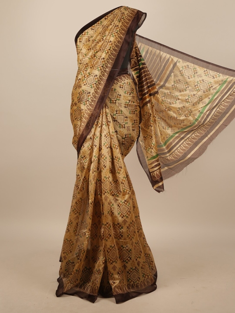 

Pothys Gold-Toned & Brown Cotton Blend Geometric Printed Saree