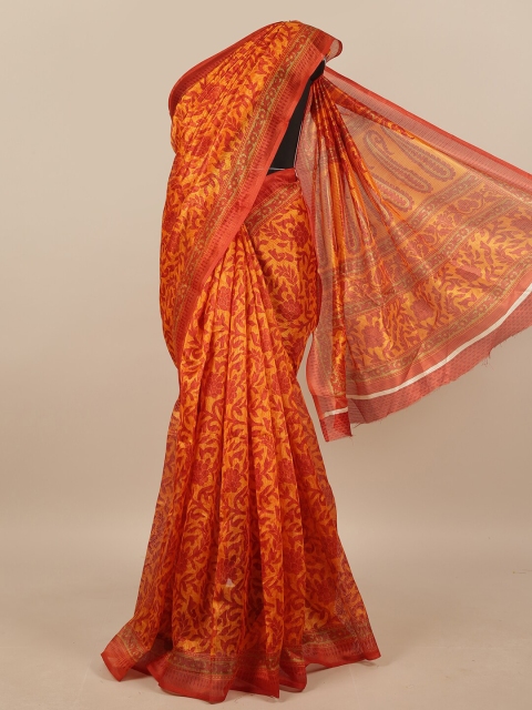 

Pothys Mustard & Orange Cotton Blend Floral Printed Saree