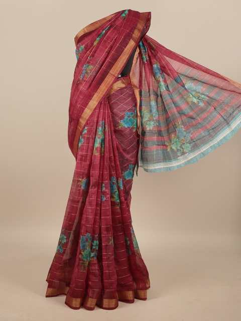 

Pothys Burgundy & Blue Cotton Blend Floral Printed Saree