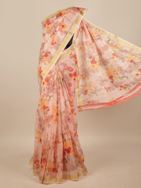 

Pothys Peach-Coloured & Red Cotton Blend Floral Printed Saree