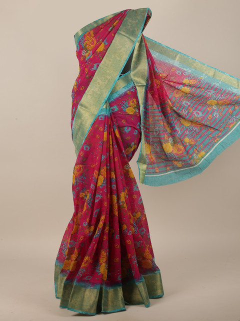 

Pothys Pink & Blue Cotton Blend Floral Saree