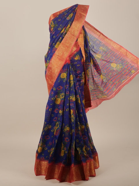

Pothys Blue & Yellow Cotton Blend Floral Zari Saree