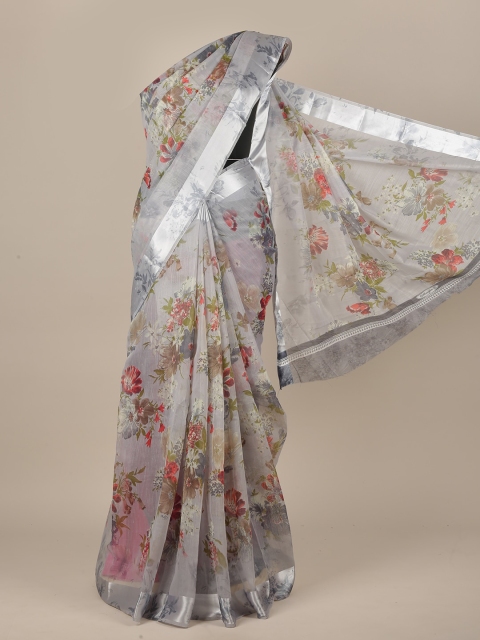 

Pothys Grey & Red Cotton Blend Floral Saree