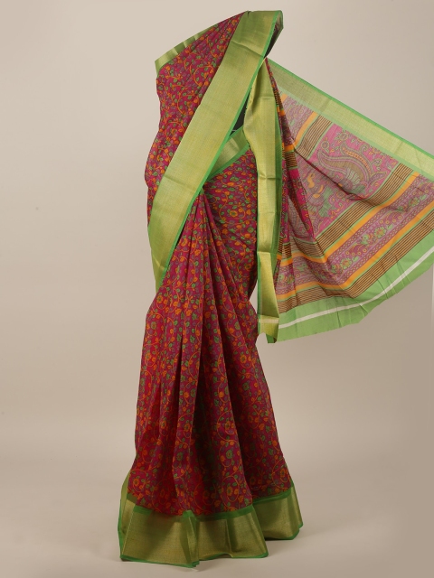 

Pothys Pink & Green Cotton Blend Floral Zari Saree