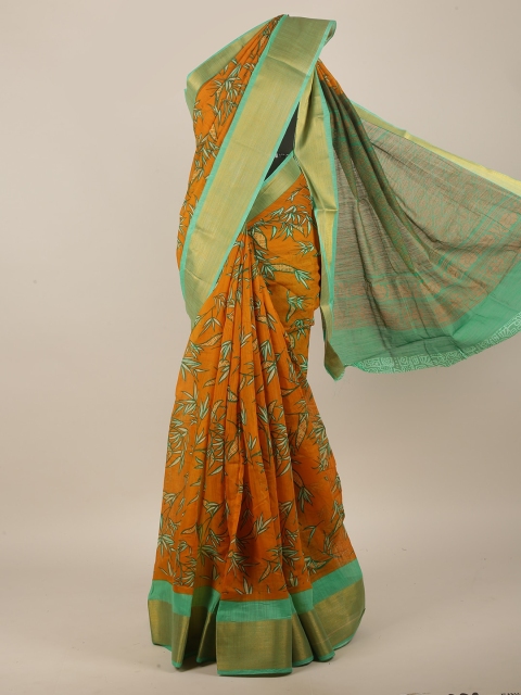 

Pothys Mustard & Green Cotton Blend Floral Saree