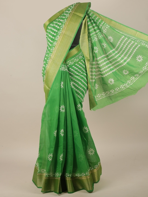 

Pothys Green & White Cotton Blend Saree