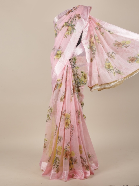 

Pothys Pink & Green Cotton Blend Floral Saree