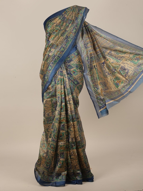 

Pothys Tan & Blue Floral Cotton Blend Saree