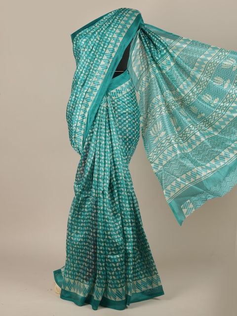 

Pothys Green & White Ethnic Motifs Cotton Blend Saree
