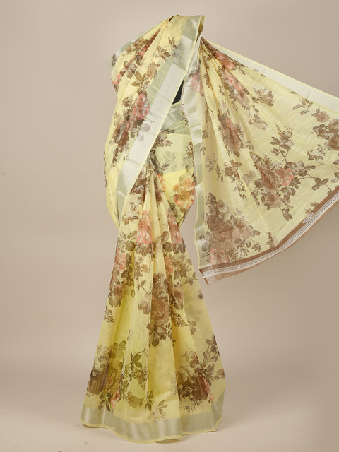 

Pothys Yellow & Pink Floral Zari Cotton Blend Saree