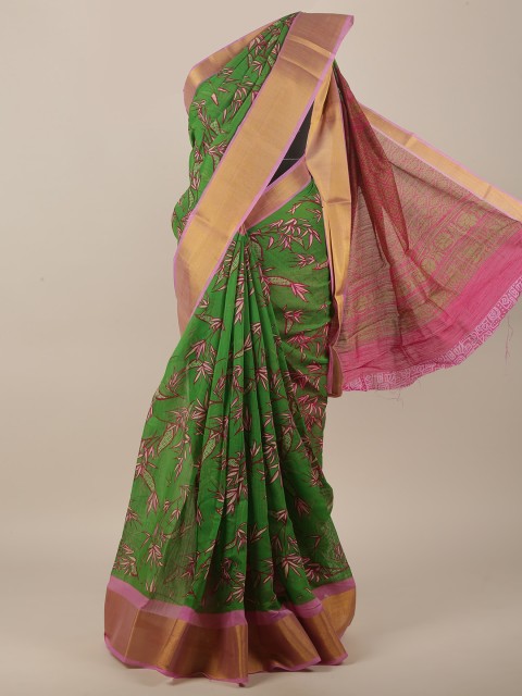 

Pothys Green & Pink Floral Cotton Blend Saree