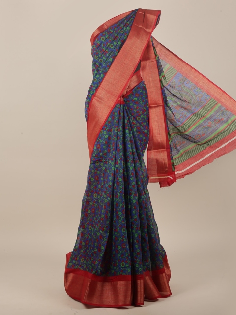 

Pothys Blue & Red Floral Cotton Blend Saree