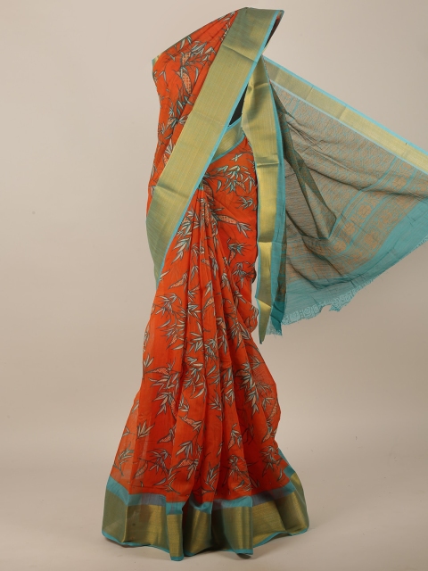 

Pothys Orange & Blue Zari Cotton Blend Saree