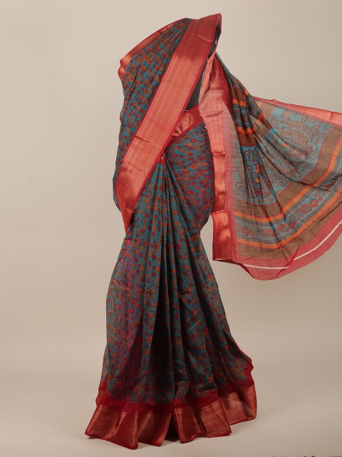 

Pothys Blue & Red Cotton Blend Floral Saree