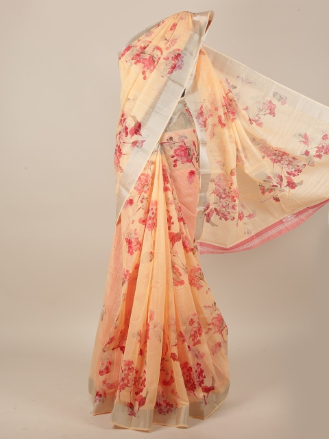 

Pothys Peach-Coloured & Maroon Cotton Blend Floral Saree
