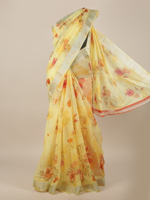 

Pothys Yellow & Red Floral Zari Cotton Blend Saree