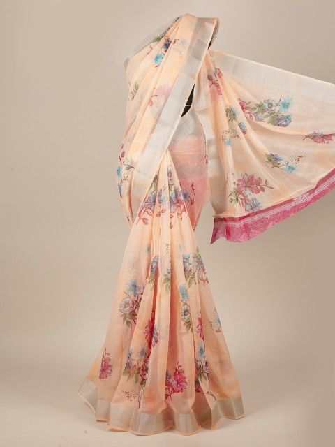

Pothys Peach-Coloured & Blue Cotton Blend Floral Zari Saree
