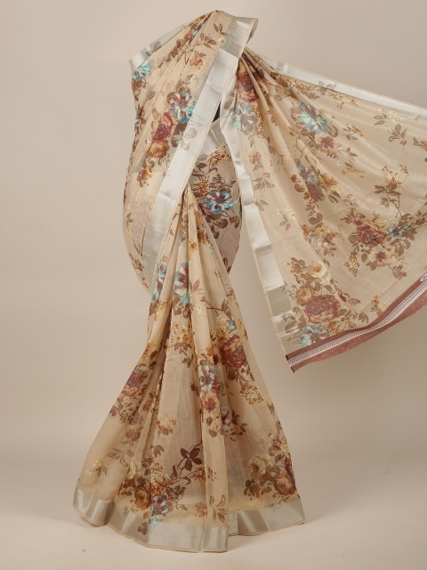 

Pothys Cream-Coloured & Blue Floral Cotton Blend Saree