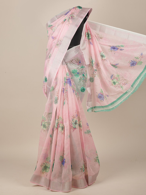 

Pothys Pink & Green Floral Cotton Blend Saree