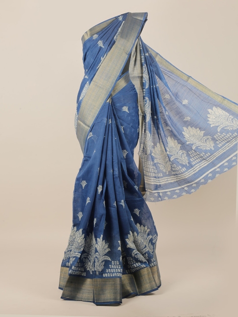 

Pothys Blue & White Floral Zari Cotton Blend Saree