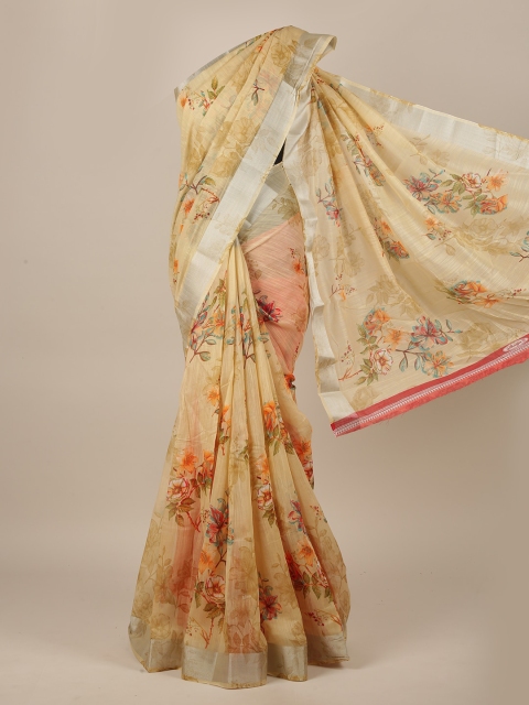 

Pothys Cream-Coloured & Yellow Floral Cotton Blend Saree