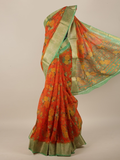 

Pothys Orange & Green Floral Cotton Blend Saree