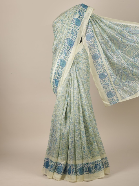 

Pothys Cream-Coloured & Blue Floral Cotton Blend Saree