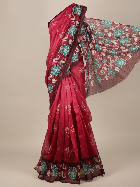 

Pothys Magenta & Sea Green Cotton Blend Floral Saree