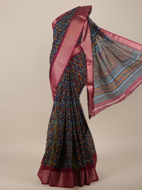 

Pothys Navy Blue & Yellow Cotton Blend Floral Zari Saree