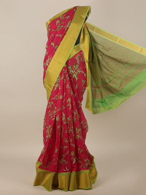 

Pothys Pink & Green Floral Cotton Blend Saree