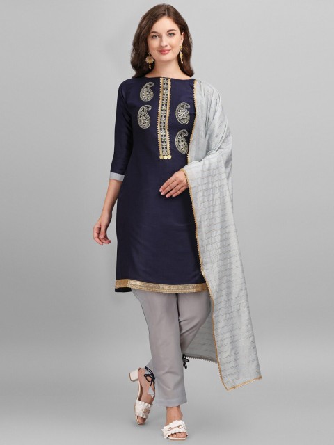 

mf Blue & Grey Embroidered Unstitched Dress Material With Dupatta