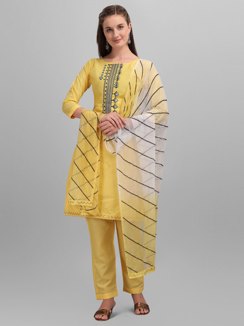 

mf Yellow & Black Embroidered Pure Cotton Unstitched Dress Material With Leheriya Dupatta